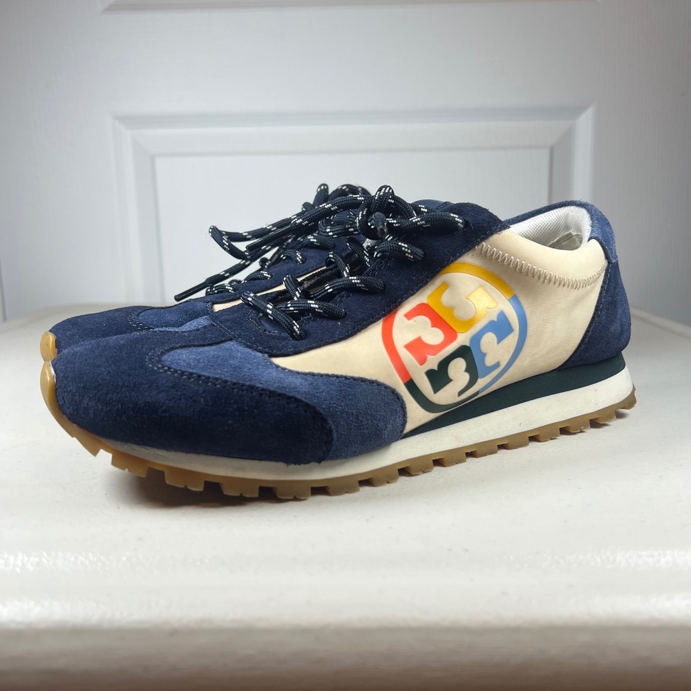Tory Burch Annie Suede Training Nylon Runner Sneaker Navy Blue Cream Size 8.5M